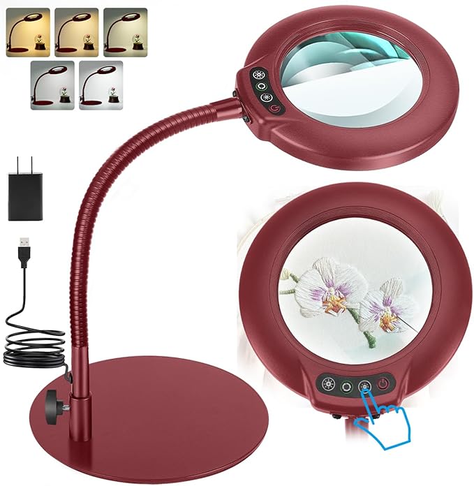 10X Magnifying Glass with Light, Real Glass Lens, 5 Color Modes Dimmable, Flexible Gooseneck Lighted Magnifier with Stand, LED Desk Lamp Hands Free for Crafts Painting Reading Close Work, Red