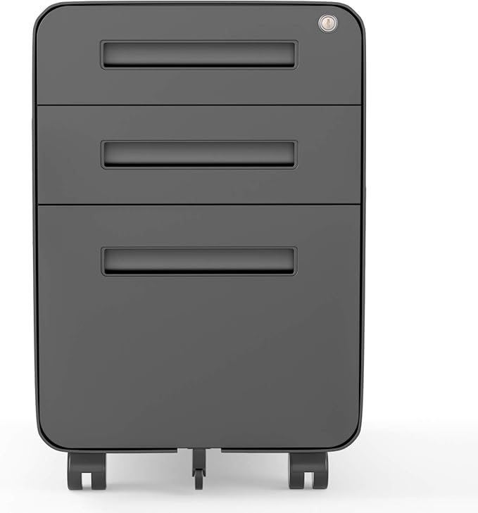 Modern Round Corner 3 Drawer Mobile Steel File Cabinet with Lock, Black, 19.69"L x 15.75"W x 23.62"H, Home Office