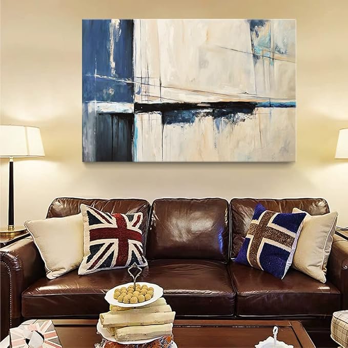 Large Abstract Canvas Wall Art Modern Geometric Art Paintings Blue Blocks and Lines Painted on Cream Background Elegantly Framed Artwork Pictures for Living Room Bedroom Wall Decor 48x32in