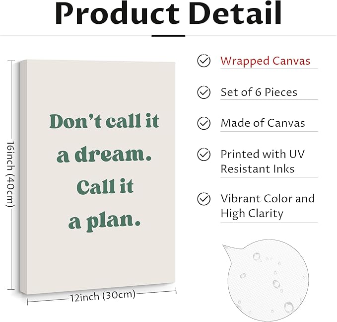 Office Wall Art Motivational Posters Inspirational Quote Canvas Wall Decor Office Positive Pictures Inspirational Classroom Art Motivational Work Prints for Gym Home 12x16 Inch Wrapped Canvas Set of 6