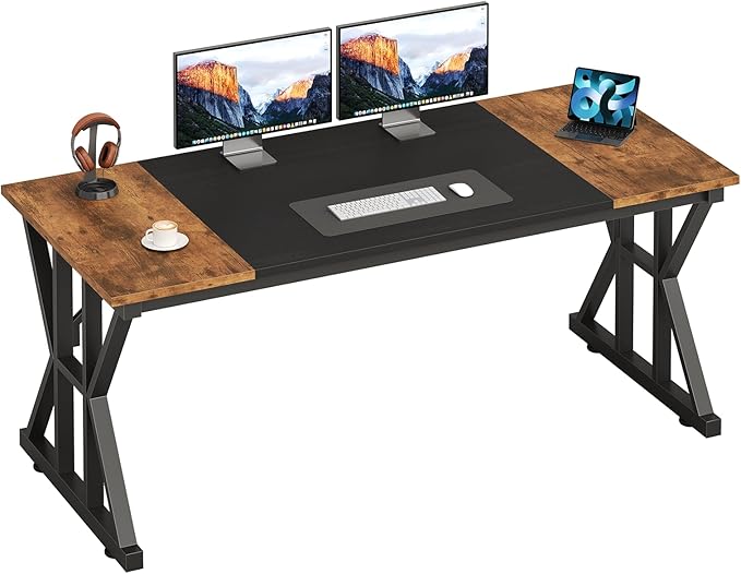 TVU Computer Desk, 55 inch Large Office Desk, Study Writing Table with Thicken Frame, Gaming Desk, Modern Simple Desk for Home Office, Rustic Brown/Black