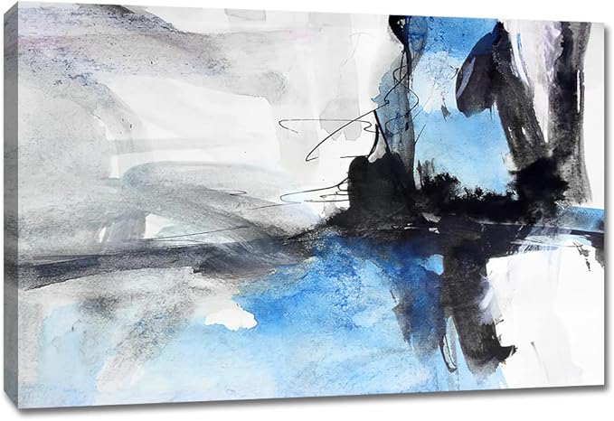 Large Abstract Canvas Wall Art Modern Aquarelle Art Paintings Black and Blue Fantasy Colorful Graffiti on White Background Minimalist Artwork Decor for Living Room Bedroom Corridor Framed 30x20in