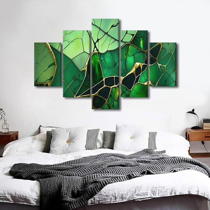 Abstract Canvas Wall Art Decor Modern Office Wall Art Green Colorful Glass Window Abstract Poster Prints 5 Panel Wall Art for Men Lady Living Room Decor Strethched and Framed Ready to Hang 60x40 in