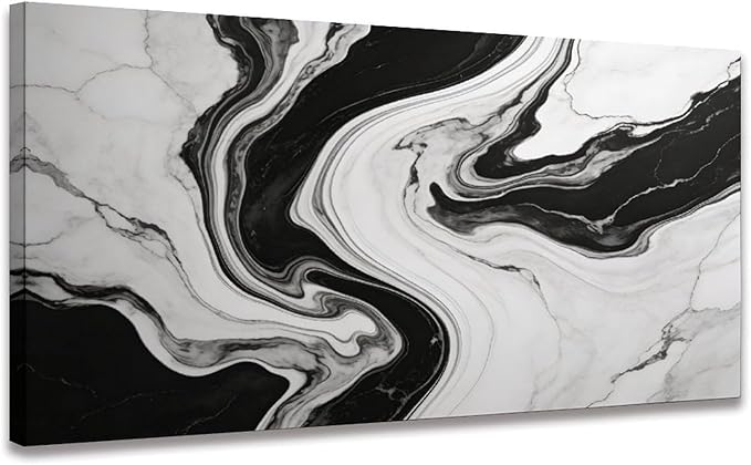 Black White Abstract Marble Framed Canvas Wall Art for Living Room, Modern Wall Decor 48" L x 24" W