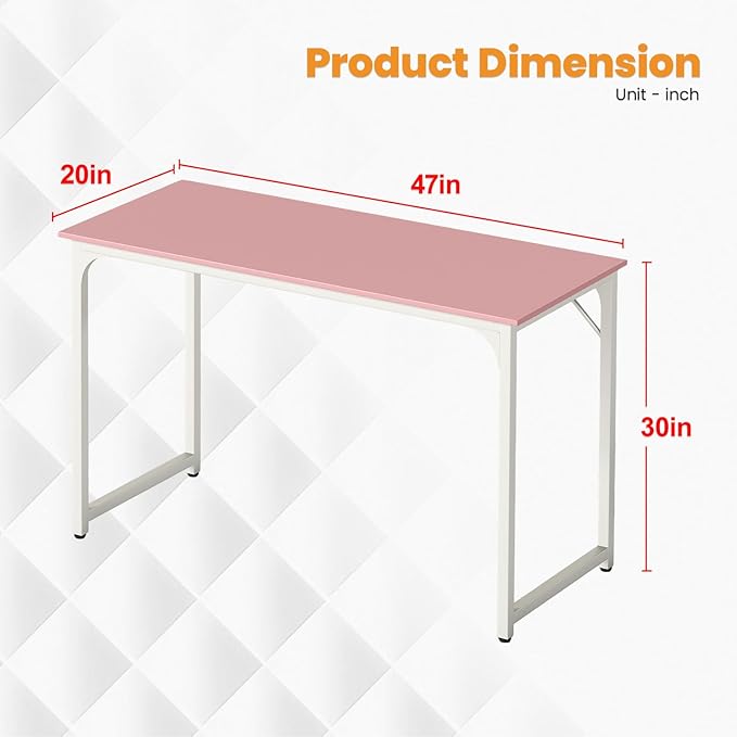 Dkelincs 47 Inch Computer Desk Home Office Desk Gaming Writing Desk Modern Simple Style Study Work Table with Metal Frame, Large Legroom, Adjustable Feet, Water-Resistant, Scratchproof Surface, Pink