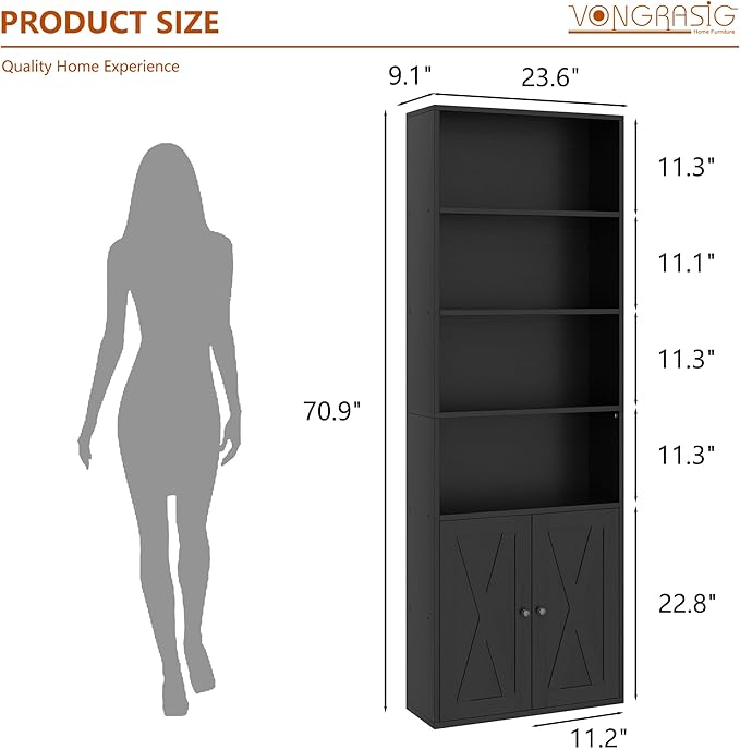 Vongrasig Farmhouse Bookcase with Doors & Storage, Tall 6-Tier Wood Bookshelf for Home Office Organization, Living Room Display, and Bedroom Storage Alternatives, 71-Inch Standing Shelf, Black