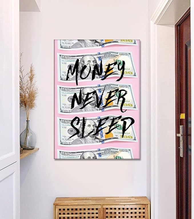 Money Wall Art - Pink 100 Dollar Bills Wall Decor Money Never Sleeps Poster Motivational Financial Quote Artwork Modern Framed Inspirational Canvas Print for Office & Home Decorations, 24"x36"