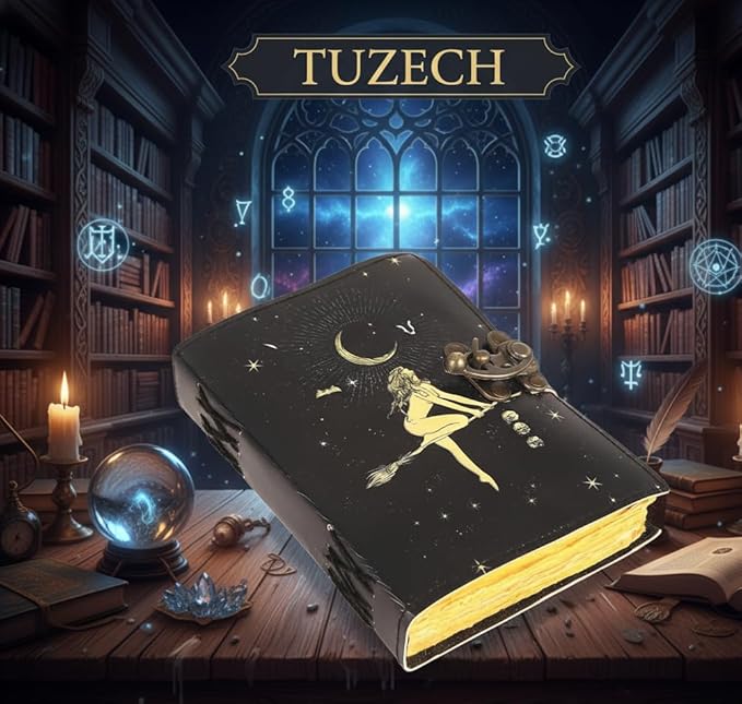 TUZECH Book of Spells Leather Bound Journal Celestial Sun & moon Deckle Edge Paper Grimoire Moon Phase Totem Talisman Printed Diary Spiral Gothic Notebook Antique Vintage Book for Men and Women (Sun