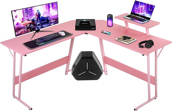 NChanmar L Shaped Gaming Desk with Monitor Riser Stand, Home Office Corner Desk for Studying, Working and Gaming, Large Desktop, Pink