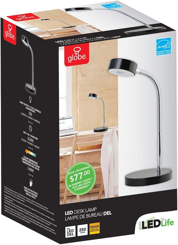 Globe Electric 12643 Energy Star Integrated LED Desk Lamp, Matte Black, Chrome Gooseneck, 5 Watts, 250 Lumens