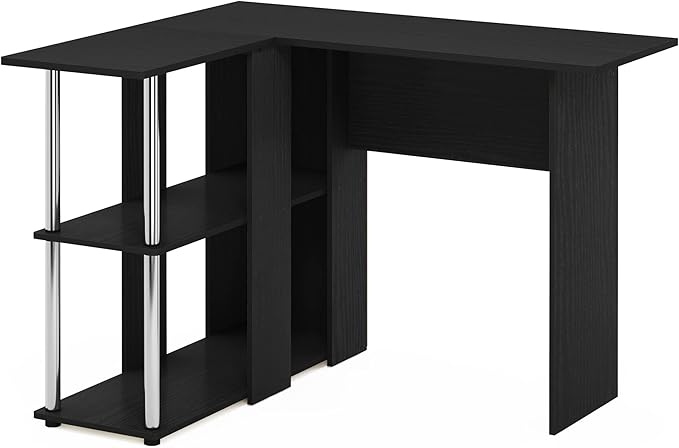 Furinno Abbott L-Shape Desk with Bookshelf, Americano/Chrome