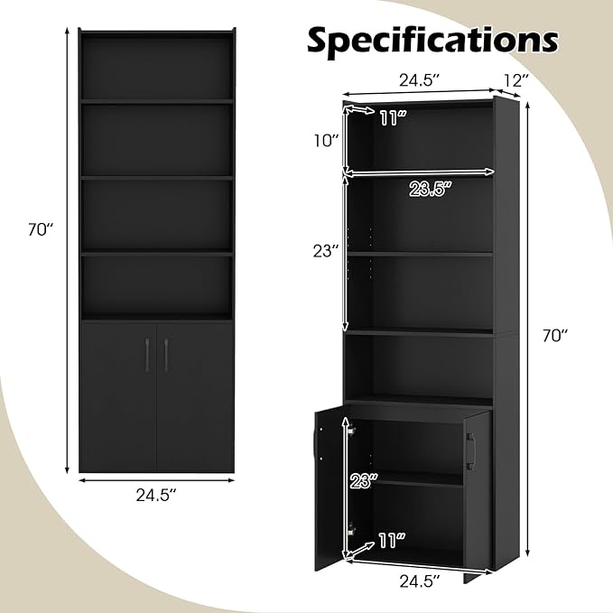 Giantex 70" Bookcase with 2 Doors, 6-Tier Modern Bookshelf w/Cabinet, Elegant Storage Cabinet, Adjustable Shelves, Multipurpose Display Rack, Storage Organizer for Living Room Bedroom Study (Black)
