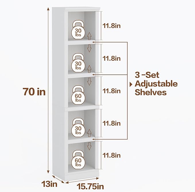 70" Tall Bookcase, White Narrow Floor Standing Bookshelf, 5 Tier Shelves Open Storage Organizer, Book Case for Living Room Hallway Kitchen Home Office Bathroom, White - 5 Tier