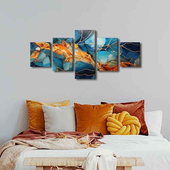 Canvas Wall Art Decor Abstract Canvas Wall Art Modern 5 Panel Colorful Glass Window Poster Golden Lines Painting Art Prints for Living Room Decoration Stretched and Framed Ready to Hang 50x24 in