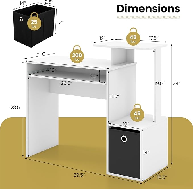 Tangkula Computer Desk with Fabric Drawer & Keyboard Tray, Space-Saving Study Writing Desk with Open Storage Shelves & Printer Stand, Modern Home Office Computer Workstation for Small Spaces (White)