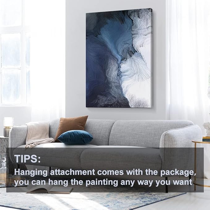 Canvas Wall Art Abstract Art Paintings Navy Blue Block and Line Graffiti is Like Running Water on White Background Modern Artwork Decor for Living Room Bedroom Kitchen 48x32in