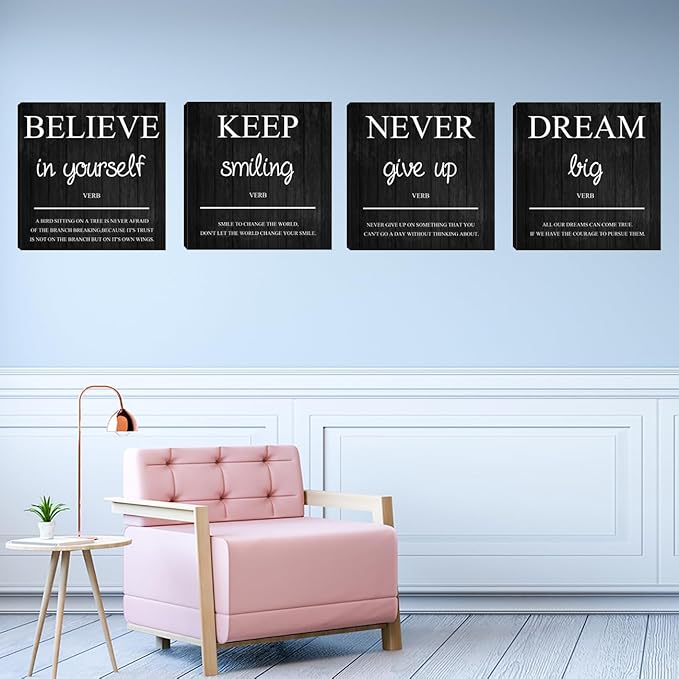 Halioyo Motivational Wall Decor, 4 Pieces Inspirational Wall Art Prints, Motivation Office Positive Quote Posters, Canvas Wall Decor for Home Living Room Classroom (12X12 Inches)