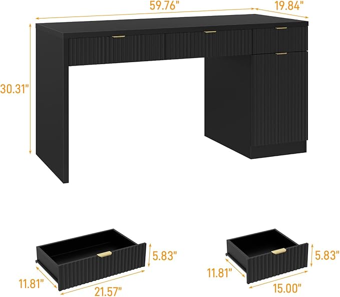 60" Executive Desk with Fluted Drawers, Wood Home Office Desk with Storage Cabinet, Fluted Reversible Computer Writing Desk for Study, Living Room,Black
