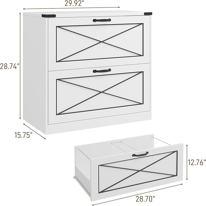 Vabches Lateral File Cabinet with 2 Drawers, Farmhouse Filing Cabinet Office File Cabinet with File Drawers, Wood Rustic Storage Cabinet File Organizer for Home Office, Living Room, White