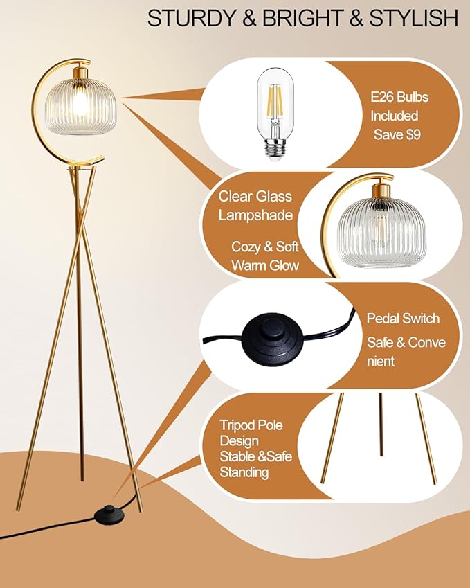 Lightdot Tripod Floor Lamp for Living Room, Gold Standing Lamp with Clear Glass Lampshade, Farmhouse Tall Lamp for Bedroom, Arced Reading Light for Home Office/Sofa Beside/Corner Decor(Bulb Included)