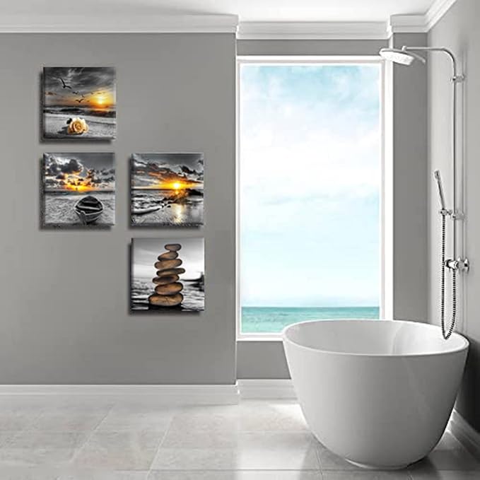 Bamdeya Black and White Gold Wall Decor Sea Sunset Beach Wall Art Seascape Zen Painting Sunrise Picture Ocean Canvas Print for Living Room Bedroom Bathroom Home Wall Decoration Framed Art