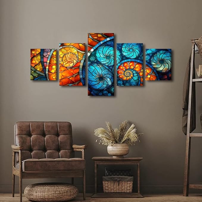 Canvas Wall Art for Home Modern Stained Glass Window Pattern Poster Abstract Artwork Picture Printing 5 Panel Red Blue Water Fire Colors Painting Art for Living Room Office Wall Decor 50x24 in