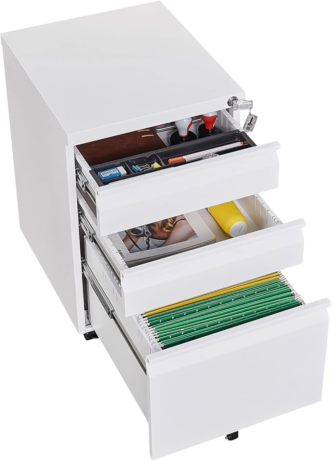 [Fully Assembled] 3-Drawer Lockable Mobile File Cabinet – Metal A4/Letter/Legal Size Storage for Home/Office, Pre-Assembled, Space-Saving Under-Desk Cabinet with Wheels (White)
