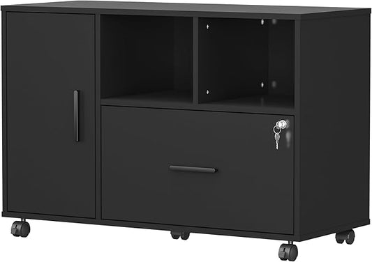 Panana Wood File Cabinet with Lock, 1-Drawer Wooden Office Lateral Filing Cabinet on Wheels Mobile Printer Stand with Open Storage Shelf for Letter/Legal/A4 Size Files (Black1)