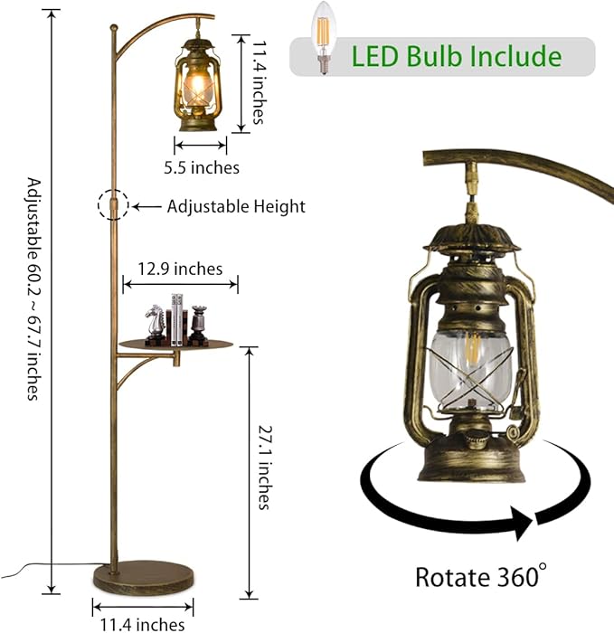 beaysyty Farmhouse Adjustable Floor Lamps with Tray Lantern Tall Standing lamp for Bedroom Home Decor for Office Cafe Den Living Room Bedroom, On/Off Foot Switch and Brushed Rustic (Bronze)
