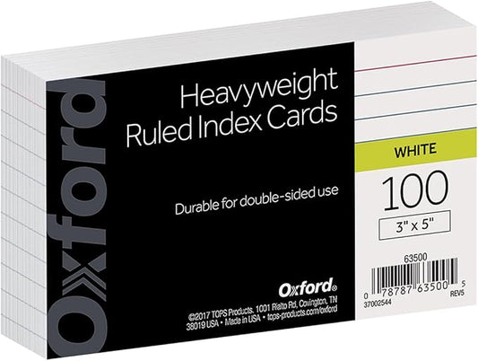 Oxford Heavyweight Ruled Index Cards, 3" x 5", White, 100 Per Pack (63500)