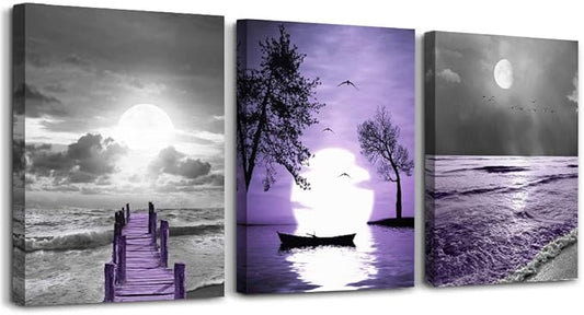 wall decorations for living room 3 Piece framed canvas wall art bathroom artwork for wall painting office bedroom wall decor Black and white ocean purple Landscape modern family Posters home decor