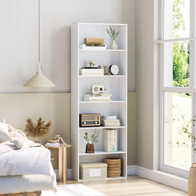 MXV Bookshelf, 6-Tier Open Bookcase, Storage Shelves, Display Storage Shelves, Floor Standing Unit, Home Decor, Furniture for Home Office, Living Room, Bedroom, White2