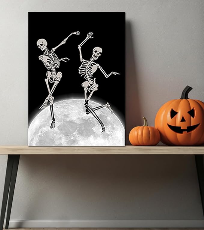 Skull Wall Art - Creative Skeletons Dancing on the Moon Canvas Prints Unique Gothic Wall Decor Funny Dark Humor Poster Spooky Home Decoration for Living Room Bedroom Office, Framed 12x16 in