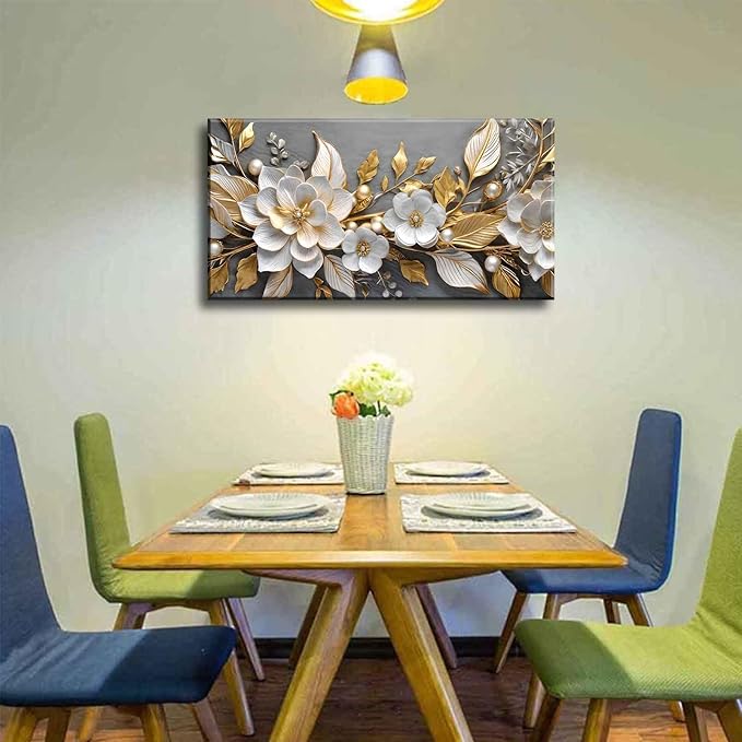 Large Living Floral Canvas Wall Art Gold White Plant Abstract Decor painting Pictures Modern Nordic Botanical Flowers Posters Prints for Bathroom Bedroom Office Hallway Home Decoration