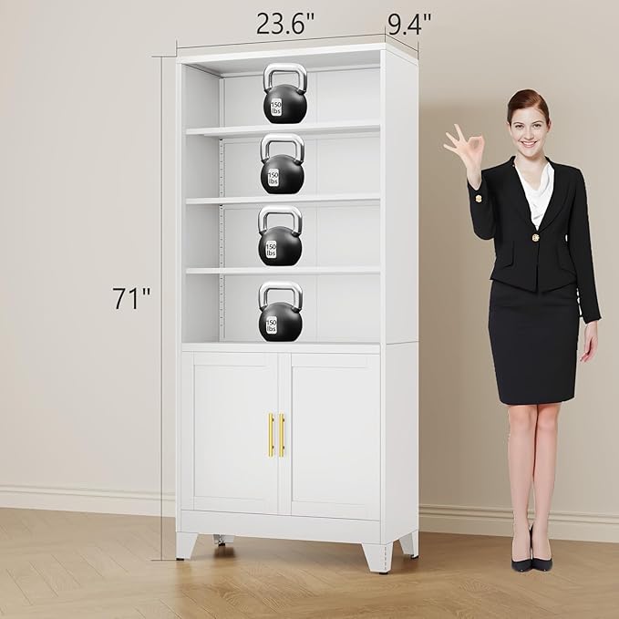 71" H Tall Metal Bookcases and Bookshelves with 2 Doors and Adjustable Shelves，Tall Storage Cabinet Industrial Bookshelf 6-Tier Open Display Shelf，Decor Furniture for Living Room, Bedroom