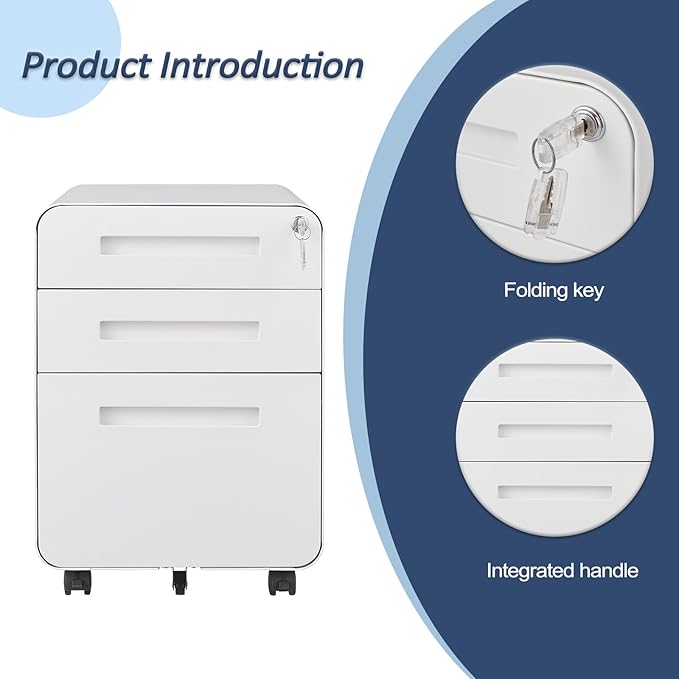 3 Drawer Mobile File Cabinet with Lock, Under Desk Storage Filing Cabinet for Home Office, Small Rolling File Cabinet for Legal, Letter and A4 Files (White)