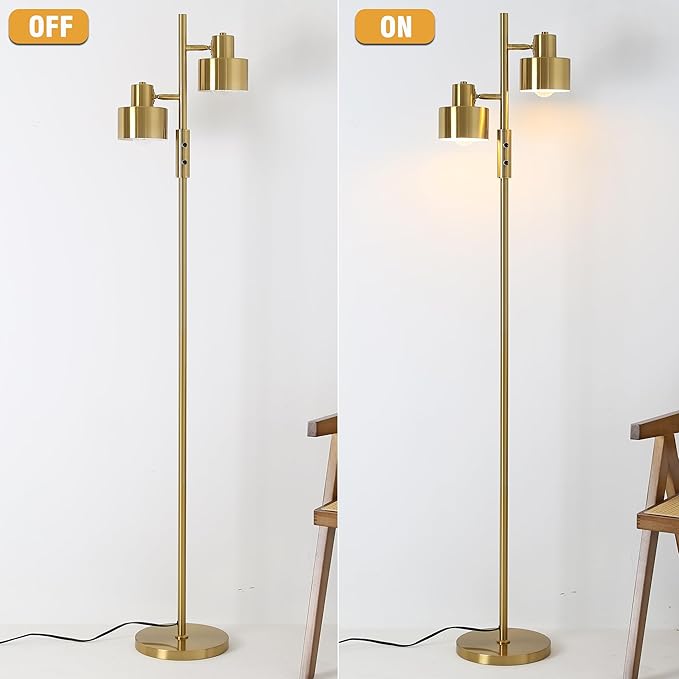 Dimming Floor Lamp with 2 Adjustable Head,Tall Modern Industrial Vintage Standing Lamps for Living Room, Bedroom, Office,Study,Gold Corner Light for Reading