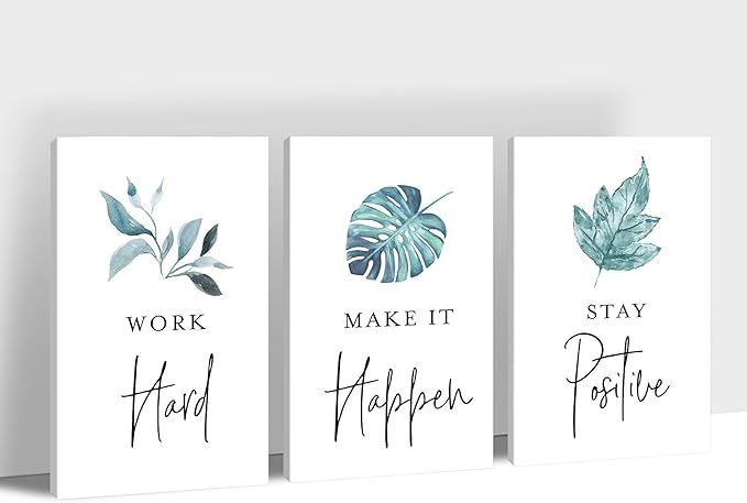 3 Piece Office Canvas Wall Art, Motivational Quotes Tropical Plants Canvas Print Pictures Wall Decor for Office, Men Women Inspirational Framed Artwork Home Office Decor 12"x18" x 3 Pcs