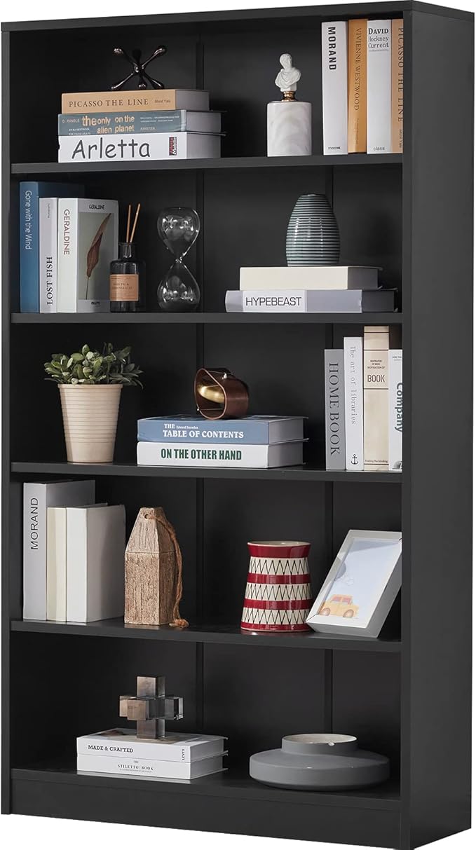 Farini Black 5 Shelf Modern Wood Bookshelf - 60 Inch Tall, Wide Manga & Bookcase for Bedroom & Living Room Library Bookcase