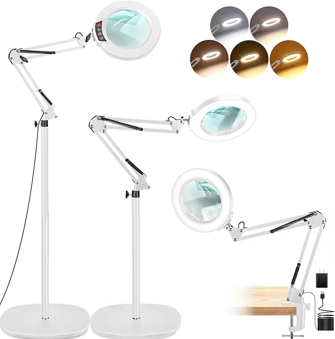 LANCOSC 10X Magnifying Glass with Light and Stand, 3-in-1 Adjustable Swing Floor Lamp, 5 Color Modes Stepless Dimmable, LED Lighted Hands Free Magnifier & Clamp for Reading, Crafts, Painting - White