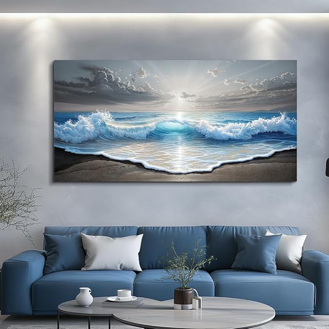 QIYILEXWART Large Wall Decor For Living Room Canvas Wall Art For Office Modern Wall Decorations For Bedroom Ocean Waves Landscape Painting Farmhouse Pictures Artwork Room Home Decor 24x48 In