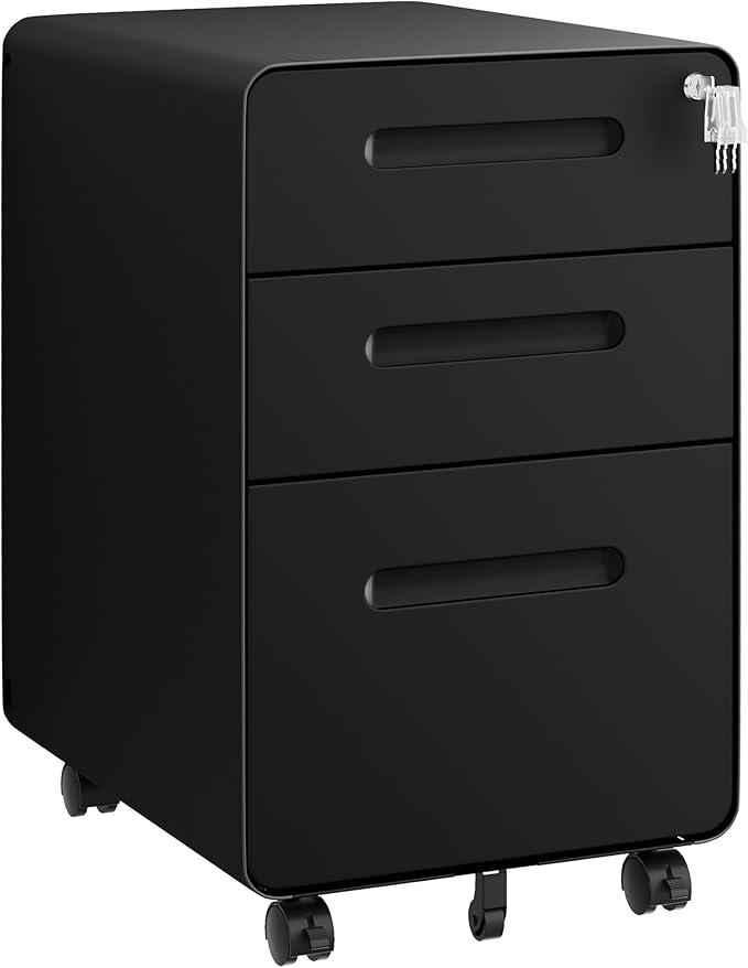 File Cabinet, Mobile Filing Cabinet with Lock, All Steel Structure Printer Stand, Fully Assembled Except Casters, Under Desk Storage for Home Office, 3 Drawers Document Organizer, Black