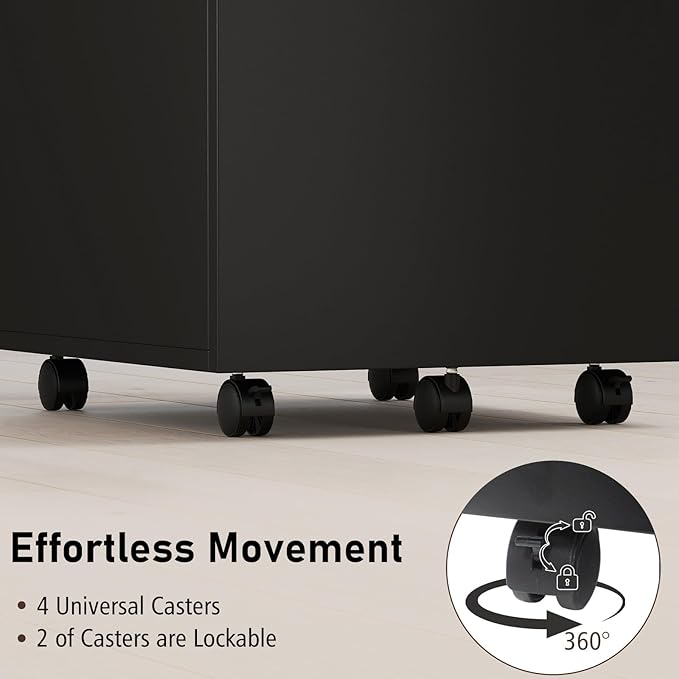 Giantex 3-Drawer File Cabinet with Lock, 27-Inches Storage Cabinet with 2 Side Hooks, Mobile Printer Stand, Wheels, 4 Keys, Vertical Filing Organizer fits Letter/A4 Size for Home Office (Black)