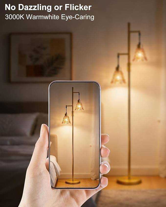 Lightdot 65IN Glass Floor Lamp for Living Room, 2- Light Gold Floor Lamps with Brown Glass Shade& 3000K Warm White Bulbs, Modern Standing Tall Lamp for Bedroom/Corner Beside/Home Decor