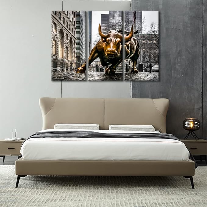 Wall Art for Living Room Bedroom 3 Pieces Wall Street Copper Bull Artwork Bull Poster Modern Wall Decor for Living Room Bedroom Study Room Office With Wood Framed - 42" Wx28 H