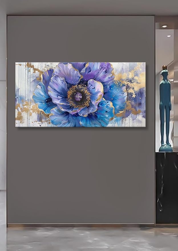 Blue Purple Flower Wall Art Colorful Watercolor Flower Bloom Canvas Painting Bedroom Wildflower Wall Art Home Decor Floral Picture Print Living Room Office Large Framed Artwork