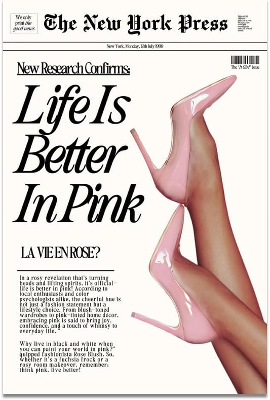 Balsuka Trendy Baby Pink Hot Girl Poster Life Is Better In Pink Newspaper Wall Art Retro High Heel Picture 70s News Headline Canvas Prints Aesthetic Decor for Girly Bedroom Dorm 8x12inch Unframed