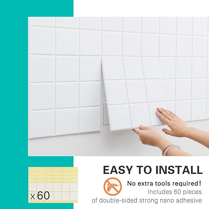 Cork Board for Walls 48" x 36", Bulletin Board for Office Decor, 12 Pack Felt Wall Tiles with Safe Removable Adhesive, Pin Tack Corkboard for Quilting Design & Dart Wall Protector - White