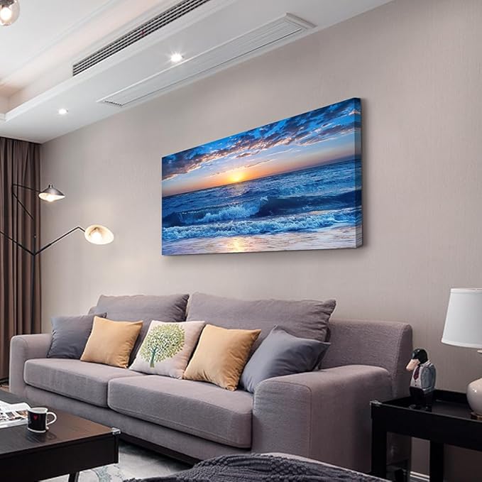 Lapremoly Canvas Wall Art - Large Blue Ocean Beach Wall Painting for Living Room, Bedroom & Office - 20" X 40"