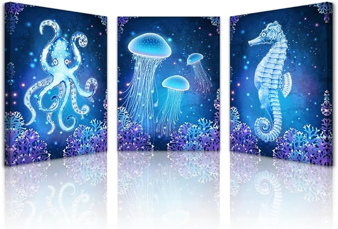 Lapremoly Framed Wall Decor for Living Room Wall Art Paintings For Bedroom Ready To Hang Bathroom Wall Pictures Modern Home Decoration Artworks Blue Ocean Animal Seascape Canvas Prints 3 Pieces